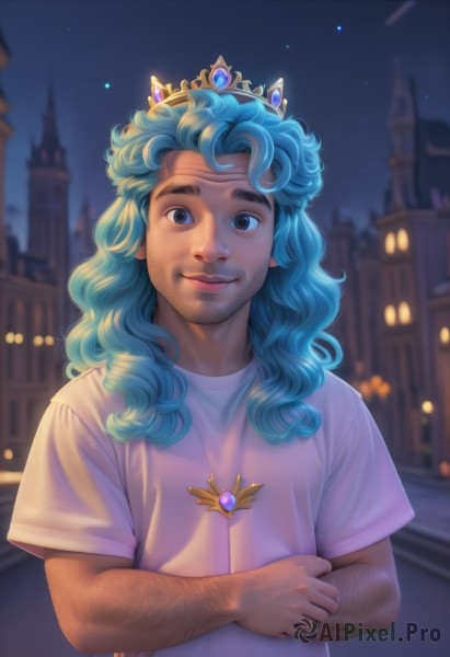 solo,long hair,looking at viewer,smile,blue eyes,shirt,1boy,jewelry,closed mouth,blue hair,white shirt,upper body,short sleeves,male focus,outdoors,sky,blurry,lips,night,depth of field,blurry background,facial hair,thick eyebrows,tiara,crown,t-shirt,building,gem,star (sky),night sky,beard,starry sky,curly hair,circlet,city,stubble,city lights,arm hair,brown eyes,artist name