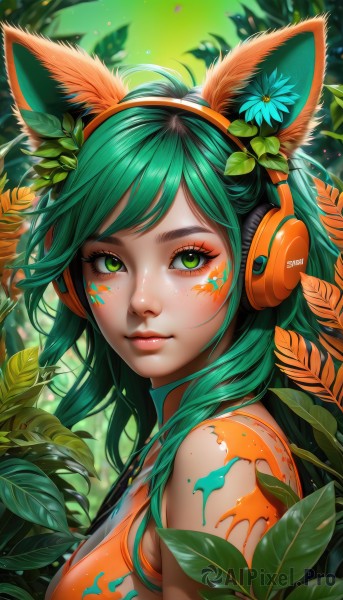 1girl,solo,long hair,breasts,looking at viewer,bangs,hair ornament,animal ears,bare shoulders,medium breasts,closed mouth,green eyes,upper body,flower,green hair,artist name,cat ears,hair flower,blurry,from side,lips,fox ears,eyelashes,tattoo,makeup,fake animal ears,swept bangs,headphones,leaf,watermark,facial mark,plant,lipstick,portrait,eyeshadow,freckles,pink lips,nose,red lips,eyeliner,whisker markings,facepaint,orange shirt,bodypaint,mascara,animal ear headphones,cleavage,hairband,sleeveless,signature,nature,blue flower,paint splatter