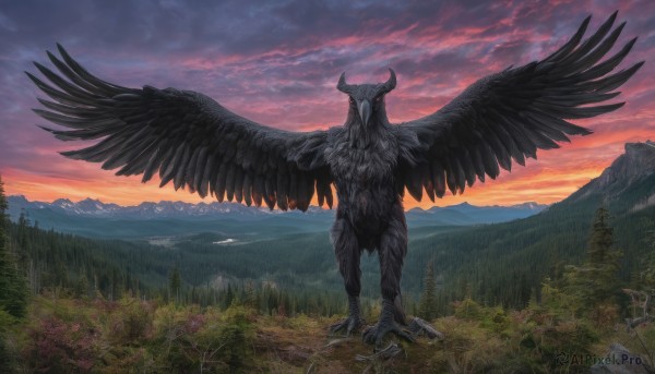 solo,red eyes,standing,outdoors,wings,horns,sky,cloud,tree,no humans,glowing,bird,cloudy sky,grass,nature,scenery,glowing eyes,feathered wings,forest,black wings,sunset,monster,mountain,fantasy,landscape,mountainous horizon,red sky,crow