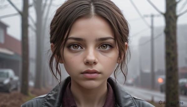 1girl,solo,looking at viewer,short hair,brown hair,shirt,brown eyes,jacket,outdoors,parted lips,day,collared shirt,blurry,tree,lips,depth of field,blurry background,ground vehicle,building,portrait,motor vehicle,forehead,freckles,realistic,car,road,bangs,messy hair,close-up,nose,power lines