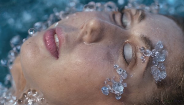 solo,open mouth,brown hair,1boy,male focus,parted lips,teeth,water,blurry,lips,portrait,close-up,bubble,underwater,realistic,nose,air bubble,asphyxiation,black hair,eyelashes,blurry background,freckles,water drop