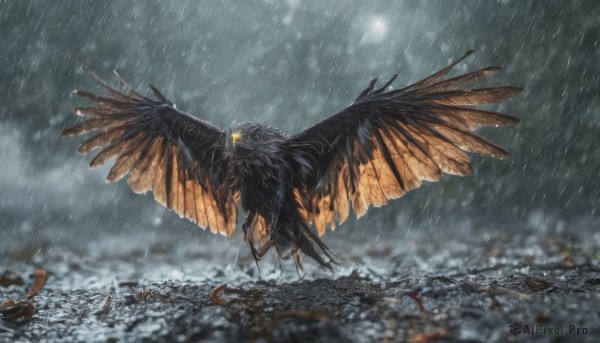 flower, outdoors, wings, sky, no humans, glowing, bird, glowing eyes, rain, field, spread wings