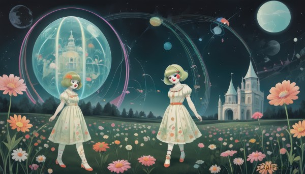 smile,short hair,open mouth,multiple girls,red eyes,dress,2girls,jewelry,standing,flower,short sleeves,outdoors,green hair,sky,shoes,socks,puffy sleeves,necklace,white dress,high heels,tree,puffy short sleeves,night,siblings,floral print,moon,bob cut,grass,sisters,red flower,building,red footwear,star (sky),nature,night sky,full moon,pink flower,starry sky,white skin,twins,planet,castle,print dress,tulip,bangs,blonde hair,hat,hairband,white footwear,white flower,yellow flower,wide shot,orange flower