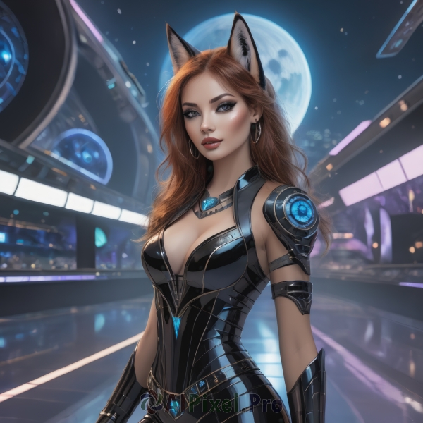 1girl,solo,long hair,breasts,looking at viewer,blue eyes,large breasts,brown hair,gloves,animal ears,cleavage,jewelry,medium breasts,cowboy shot,earrings,parted lips,belt,artist name,cat ears,necklace,armor,lips,fox ears,bodysuit,makeup,night,moon,lipstick,shoulder armor,night sky,forehead,full moon,armlet,hoop earrings,red lips,standing,outdoors,sleeveless,signature,mole,blurry,grey eyes,blurry background,wavy hair,wolf ears,skin tight,science fiction,realistic,nose