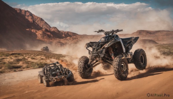 outdoors,sky,day,cloud,no humans,shadow,cloudy sky,ground vehicle,scenery,motor vehicle,smoke,mountain,sand,road,vehicle focus,motorcycle,desert,dust,dust cloud,1boy,weapon,blue sky,rock,car,driving