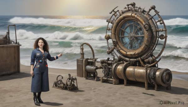 1girl,solo,long hair,smile,brown hair,long sleeves,brown eyes,standing,closed eyes,boots,outdoors,sky,day,pants,cloud,black footwear,uniform,coat,shadow,ocean,scenery,science fiction,pocket,mountain,sand,wide shot,blue coat,breasts,open mouth,black hair,belt,water,high heels,military,military uniform,buttons,cloudy sky,pointing,sleeves rolled up,realistic,jumpsuit,steampunk,machine