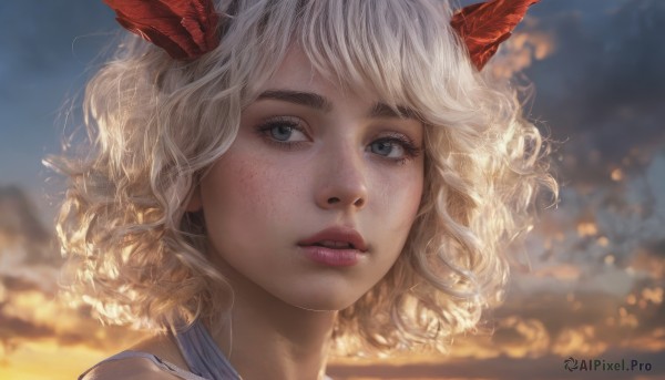 1girl,solo,looking at viewer,short hair,bangs,blue eyes,blonde hair,white hair,outdoors,parted lips,horns,sky,teeth,artist name,blurry,lips,grey eyes,eyelashes,depth of field,blurry background,wavy hair,portrait,freckles,curly hair,realistic,nose,day,cloud,cloudy sky,wind,messy hair,close-up,sunset