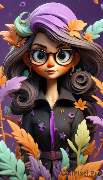 1girl,solo,long hair,looking at viewer,blush,brown hair,shirt,black hair,hair ornament,hat,jewelry,closed mouth,green eyes,collarbone,upper body,flower,multicolored hair,earrings,glasses,belt,artist name,hair flower,dark skin,mole,dark-skinned female,lips,streaked hair,gradient,petals,black shirt,gradient background,eyelashes,makeup,buttons,leaf,beret,thick eyebrows,feathers,plant,lipstick,buckle,eyeshadow,freckles,purple background,black-framed eyewear,curly hair,belt buckle,yellow flower,purple flower,purple headwear,breasts,purple hair,two-tone hair,watermark,semi-rimless eyewear,zipper