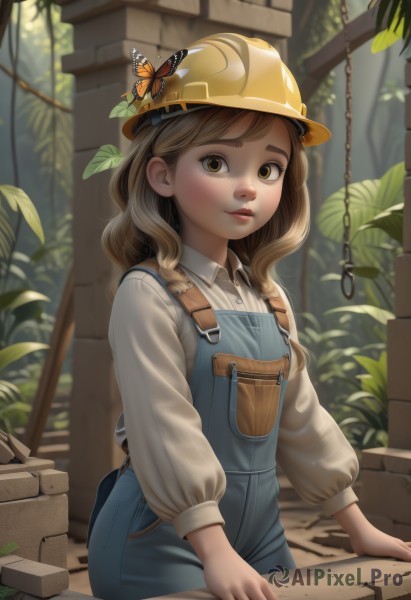 1girl,solo,long hair,looking at viewer,blonde hair,brown hair,shirt,long sleeves,hat,brown eyes,white shirt,outdoors,parted lips,day,collared shirt,medium hair,blurry,lips,blurry background,leaf,helmet,bug,plant,butterfly,freckles,overalls,yellow headwear,blue overalls,hardhat,blush,bangs,thick eyebrows,denim,nose