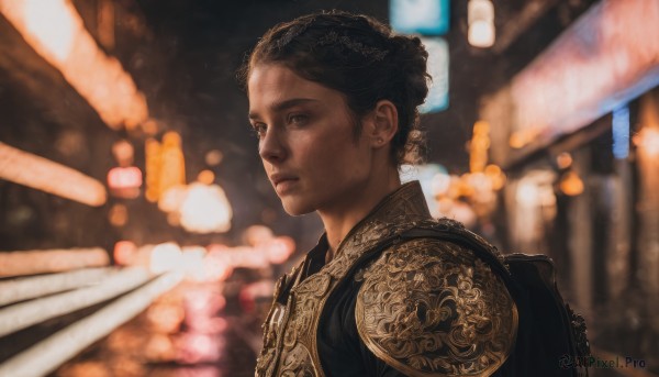 1girl,solo,looking at viewer,short hair,brown hair,black hair,brown eyes,jewelry,closed mouth,upper body,braid,earrings,outdoors,dark skin,hair bun,armor,blurry,black eyes,from side,lips,depth of field,blurry background,chinese clothes,realistic,nose,bag,night,single hair bun,backpack,shoulder armor,portrait,pauldrons