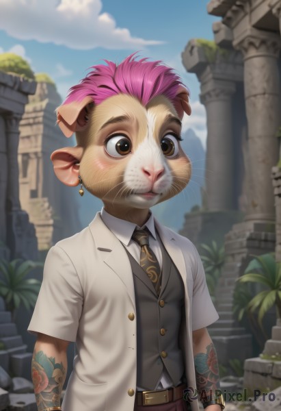 solo,blush,short hair,shirt,1boy,animal ears,brown eyes,jewelry,jacket,white shirt,upper body,pink hair,short sleeves,male focus,earrings,outdoors,parted lips,open clothes,necktie,sky,day,collared shirt,belt,pants,artist name,cloud,blurry,vest,bracelet,tree,blue sky,tattoo,buttons,blurry background,piercing,formal,ear piercing,furry,freckles,watch,mouse ears,wristwatch,furry male,arm tattoo,pillar,brown vest,statue,whiskers,grey vest,nose piercing,buck teeth,multicolored hair,two-tone hair,suit,plant,yellow necktie