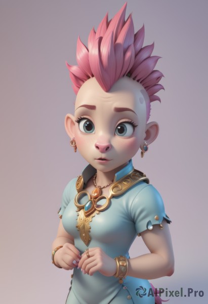 1girl,solo,breasts,looking at viewer,blush,short hair,simple background,dress,jewelry,tail,pink hair,short sleeves,earrings,small breasts,necklace,nail polish,black eyes,bracelet,lips,gradient,gradient background,blue dress,piercing,ring,spiked hair,ear piercing,child,forehead,freckles,female child,mohawk,aqua dress,blue eyes,white background,upper body,parted lips,eyelashes,colored skin,pink skin