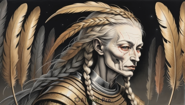 solo,long hair,looking at viewer,1boy,upper body,braid,white hair,male focus,parted lips,armor,twin braids,lips,grey eyes,colored skin,scar,feathers,black background,shoulder armor,pale skin,portrait,scar on face,white skin,cracked skin,blonde hair,simple background,brown eyes,closed mouth,grey hair,from side,gradient,gradient background,gold armor,multiple braids