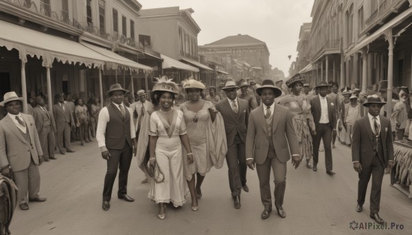 1girl,looking at viewer,smile,short hair,multiple girls,shirt,long sleeves,hat,dress,bow,holding,jewelry,standing,jacket,monochrome,short sleeves,greyscale,outdoors,multiple boys,necktie,shoes,glasses,day,collared shirt,pants,dark skin,bowtie,necklace,bag,white dress,vest,buttons,facial hair,formal,sandals,suit,ground vehicle,building,walking,6+boys,sun hat,city,long dress,arms at sides,straw hat,car,road,holding bag,old,sepia,street,bicycle,crowd,gloves,mask,sunglasses,spot color,fedora