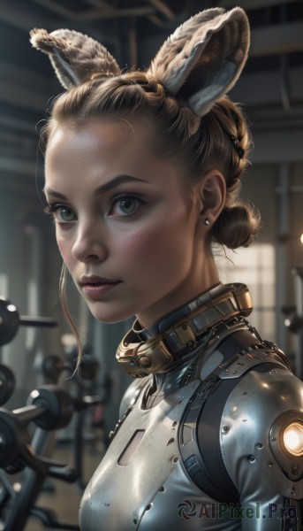 1girl,solo,breasts,looking at viewer,smile,short hair,blonde hair,brown hair,animal ears,jewelry,medium breasts,green eyes,upper body,braid,earrings,parted lips,hair bun,blurry,lips,bodysuit,blurry background,single hair bun,skin tight,forehead,freckles,science fiction,realistic,nose,artist name,indoors,signature,armor,rabbit ears,from side,eyelashes,makeup,depth of field,fake animal ears,portrait,extra ears,gym