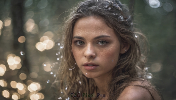 1girl, solo, long hair, looking at viewer, brown hair, brown eyes, jewelry, earrings, parted lips, blurry, lips, depth of field, blurry background, portrait, freckles, bubble, water drop, realistic, nose, bokeh