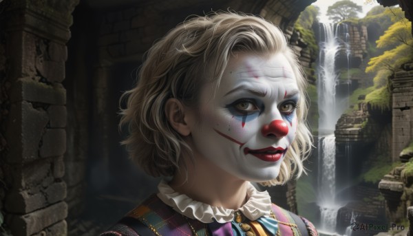 1girl,solo,looking at viewer,smile,short hair,blonde hair,brown eyes,yellow eyes,upper body,outdoors,frills,parted lips,day,water,lips,blood,makeup,lipstick,pale skin,portrait,injury,realistic,nose,red lips,facepaint,ruins,waterfall,clown,jewelry,necklace,tree