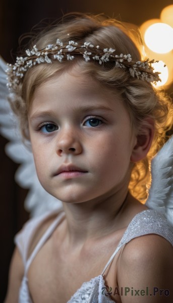 1girl,solo,looking at viewer,short hair,blue eyes,blonde hair,dress,bare shoulders,closed mouth,upper body,wings,white dress,blurry,flat chest,lips,depth of field,halo,child,feathered wings,freckles,angel wings,realistic,nose,white wings,angel,head wreath,eyelashes,watermark,portrait,laurel crown