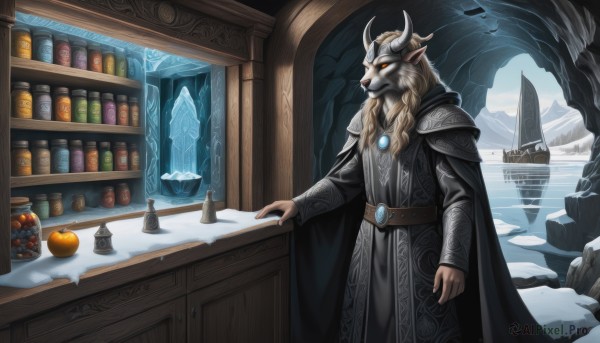 solo,long hair,blonde hair,long sleeves,1boy,jewelry,standing,male focus,food,horns,pointy ears,belt,indoors,signature,cape,armor,orange eyes,fruit,facial hair,bottle,shoulder armor,cloak,beard,furry,colored sclera,pauldrons,robe,crystal,fantasy,furry male,jar,potion,braid,outdoors,artist name,gem,snow,ice,orange (fruit)