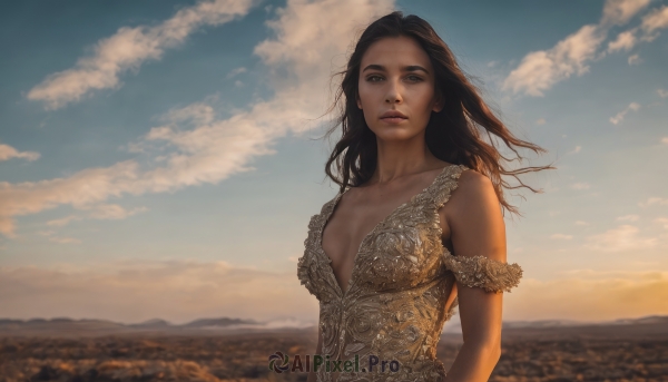 1girl,solo,long hair,breasts,looking at viewer,brown hair,black hair,dress,cleavage,bare shoulders,brown eyes,medium breasts,collarbone,upper body,small breasts,outdoors,sky,day,cloud,blurry,blue sky,lips,cloudy sky,wind,armlet,realistic,nose,parted lips,floating hair,sunlight,scenery,backlighting,sunset