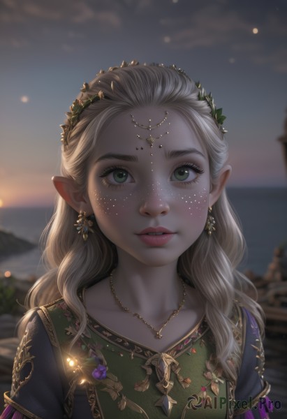 1girl,solo,long hair,looking at viewer,blonde hair,hair ornament,dress,jewelry,green eyes,collarbone,upper body,short sleeves,earrings,outdoors,parted lips,sky,pointy ears,artist name,cloud,necklace,blurry,lips,eyelashes,depth of field,blurry background,elf,gem,portrait,forehead,freckles,green dress,circlet,realistic,nose,fantasy,teeth,watermark,backlighting