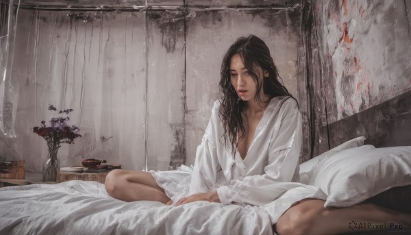 1girl,solo,long hair,breasts,looking at viewer,shirt,black hair,long sleeves,cleavage,sitting,white shirt,flower,indoors,black eyes,lips,pillow,window,bed,bed sheet,on bed,plant,curtains,messy hair,realistic,vase,brown hair,brown eyes,parted lips,book,blood,looking down