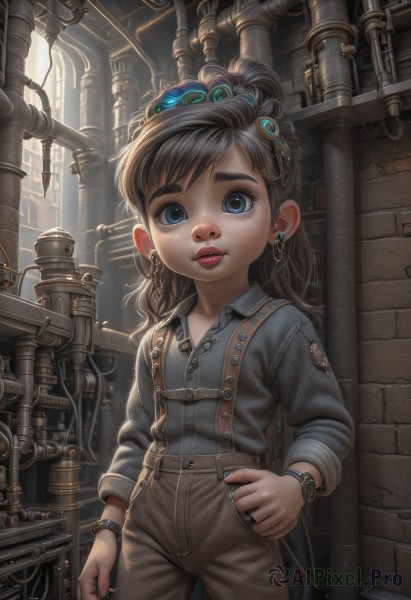 1girl,solo,long hair,looking at viewer,blue eyes,brown hair,shirt,black hair,hair ornament,long sleeves,jewelry,standing,ponytail,cowboy shot,earrings,parted lips,collared shirt,pants,indoors,nail polish,lips,buttons,ring,suspenders,blue shirt,child,grey shirt,freckles,science fiction,watch,hand in pocket,female child,wristwatch,overalls,brick wall,industrial pipe,steampunk,bracelet,hand on hip,makeup,aged down,blue nails,realistic,nose,cable,badge