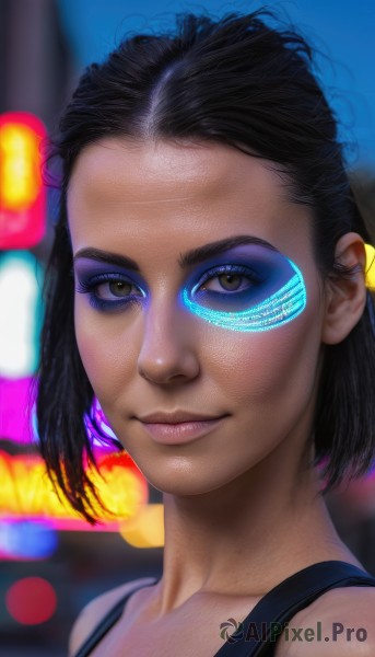 1girl,solo,looking at viewer,smile,short hair,black hair,brown eyes,closed mouth,blurry,dark-skinned female,lips,makeup,blurry background,tank top,portrait,eyeshadow,science fiction,realistic,nose,eyeliner,mascara,cyberpunk,upper body,eyelashes,depth of field,close-up,neon lights