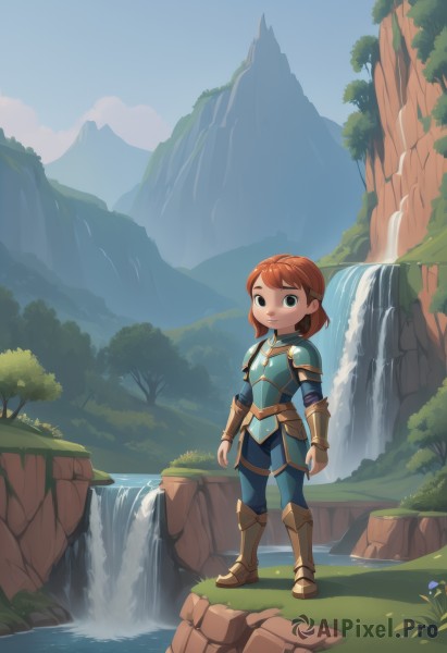 1girl,solo,looking at viewer,smile,short hair,bangs,brown hair,brown eyes,closed mouth,standing,full body,flower,boots,outdoors,sky,day,pointy ears,pants,medium hair,water,orange hair,armor,black eyes,tree,blue sky,grass,shoulder armor,gauntlets,nature,scenery,pauldrons,breastplate,rock,mountain,fantasy,blue pants,vambraces,armored boots,river,waterfall,cliff,parted lips