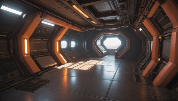 indoors,no humans,shadow,sunlight,scenery,reflection,science fiction,tiles,light,cable,tile floor,cockpit,seat,window,robot,machinery,realistic,space,spacecraft