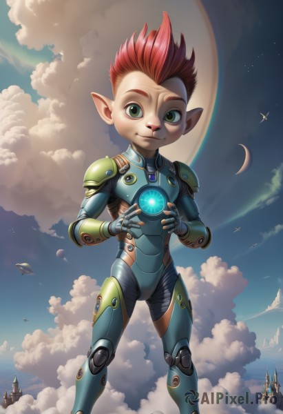 solo,looking at viewer,smile,1boy,green eyes,male focus,red hair,sky,pointy ears,cloud,armor,bodysuit,moon,star (sky),furry,aircraft,planet,alien,full body,artist name,night,bird,robot,night sky,crescent moon,cyborg,mohawk,crystal ball