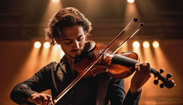 solo,short hair,blonde hair,brown hair,shirt,long sleeves,1boy,holding,closed eyes,upper body,male focus,indoors,dark skin,blurry,black shirt,blurry background,facial hair,instrument,curly hair,realistic,music,playing instrument,violin,bow (music),closed mouth,collared shirt,lips,depth of field,formal,suit,backlighting,light