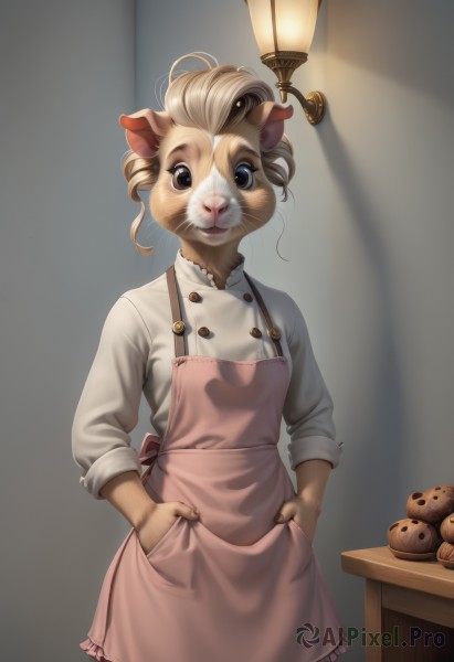 1girl,solo,looking at viewer,short hair,blue eyes,blonde hair,shirt,long sleeves,animal ears,standing,white shirt,cowboy shot,frills,food,artist name,indoors,apron,buttons,animal,table,furry,sleeves rolled up,mouse ears,hands in pockets,furry female,lamp,cookie,animal nose,mouse,whiskers,sleeves pushed up,pink apron,brown eyes,watermark,realistic,light bulb