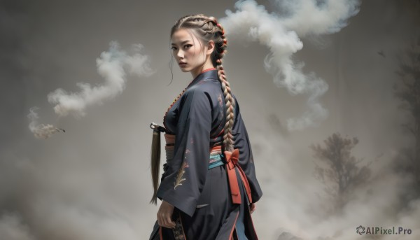 1girl,solo,long hair,breasts,looking at viewer,brown hair,black hair,long sleeves,holding,brown eyes,medium breasts,standing,weapon,braid,parted lips,japanese clothes,looking back,sword,kimono,black eyes,from side,tree,lips,sash,single braid,obi,sheath,smoke,sheathed,realistic,nose,black kimono,fog,ribbon,cowboy shot,grey background,gun,looking to the side