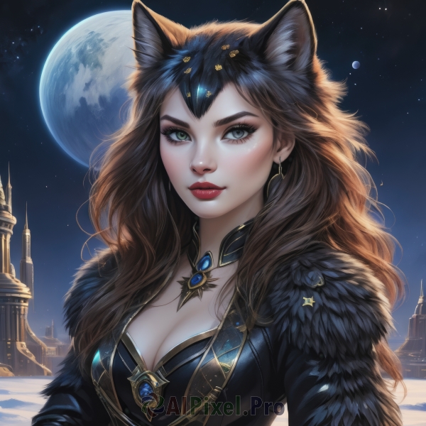 1girl,solo,long hair,breasts,looking at viewer,blue eyes,large breasts,brown hair,black hair,animal ears,cleavage,jewelry,medium breasts,closed mouth,green eyes,upper body,earrings,outdoors,sky,artist name,cat ears,signature,lips,animal ear fluff,grey eyes,fur trim,eyelashes,makeup,night,watermark,wavy hair,moon,lipstick,slit pupils,brooch,gem,star (sky),night sky,full moon,starry sky,fur collar,nose,red lips,castle,bangs,hair ornament,dress,choker,necklace,heterochromia,wolf ears,thick eyebrows,snow,realistic,eyeliner,mascara