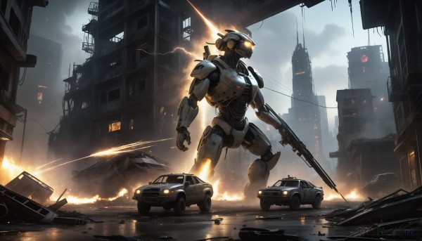 HQ,holding,standing,weapon,outdoors,sky,cloud,signature,holding weapon,gun,military,no humans,glowing,fire,robot,ground vehicle,building,holding gun,mecha,glowing eyes,motor vehicle,rifle,smoke,science fiction,city,realistic,military vehicle,car,damaged,radio antenna,sparks,truck,1boy,armor,orange eyes,cloudy sky,rain,aircraft,cable,power armor,cyberpunk