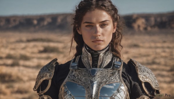 1girl,solo,long hair,looking at viewer,brown hair,1boy,brown eyes,closed mouth,upper body,male focus,outdoors,sky,day,armor,blurry,lips,blurry background,expressionless,shoulder armor,portrait,pauldrons,breastplate,realistic,chainmail,depth of field,desert