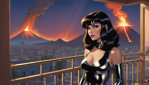 1girl,solo,long hair,breasts,looking at viewer,bangs,blue eyes,black hair,gloves,cleavage,bare shoulders,medium breasts,upper body,outdoors,parted lips,sky,choker,black gloves,elbow gloves,shiny,medium hair,tree,lips,makeup,night,fire,lipstick,building,star (sky),night sky,smoke,shiny clothes,sunset,mountain,city,palm tree,railing,red lips,leather,explosion,latex,balcony,latex gloves,plant,cityscape