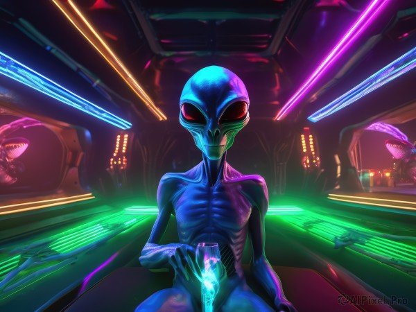 1girl,solo,looking at viewer,red eyes,sitting,weapon,bodysuit,mask,glowing,helmet,science fiction,monster,glass,alien,spacecraft,indoors,claws,neon lights,laser,hologram