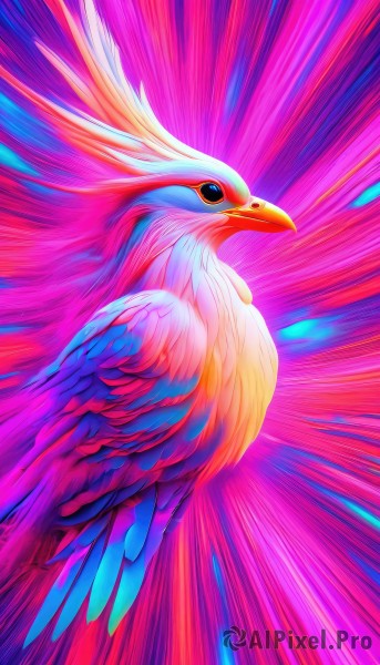 solo,looking at viewer,blue eyes,closed mouth,from side,pokemon (creature),no humans,bird,feathers,animal focus,colorful,beak,full body,artist name,glowing,animal,watermark,pink background,flying,emphasis lines,multicolored background