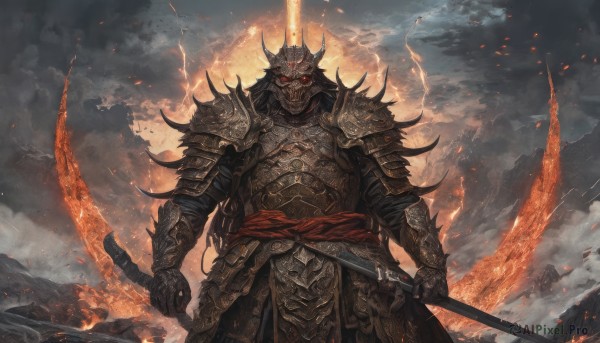 solo,long hair,looking at viewer,black hair,red eyes,1boy,holding,standing,weapon,male focus,cowboy shot,outdoors,horns,sky,sword,cloud,holding weapon,armor,sash,glowing,holding sword,katana,helmet,cloudy sky,fire,crown,shoulder armor,gauntlets,sheath,glowing eyes,spikes,dual wielding,pauldrons,breastplate,vambraces,scabbard,full armor,lightning,embers,grey sky,flaming weapon,horned helmet,flaming sword