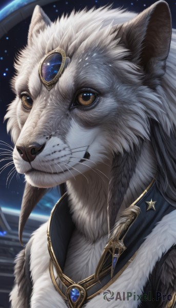 solo,looking at viewer,1boy,brown eyes,jewelry,closed mouth,yellow eyes,upper body,male focus,artist name,signature,necklace,no humans,animal,brooch,gem,portrait,star (sky),furry,pendant,colored sclera,space,furry male,animal focus,white fur,planet,animal nose,whiskers,blue gemstone,red gemstone,sky,teeth,star (symbol),cat,starry sky,realistic,earth (planet)