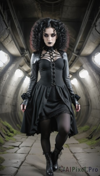 1girl,solo,long hair,breasts,looking at viewer,black hair,gloves,long sleeves,hat,dress,cleavage,jewelry,medium breasts,closed mouth,standing,full body,pantyhose,boots,choker,fingerless gloves,nail polish,black footwear,black eyes,black dress,lips,black pantyhose,makeup,pale skin,black nails,corset,cross-laced footwear,walking,curly hair,lolita fashion,arms at sides,gothic lolita,lace-up boots,ankle boots,gothic,black lips,afro,black theme,short hair,ring,lipstick,o-ring,eyeshadow,eyeliner