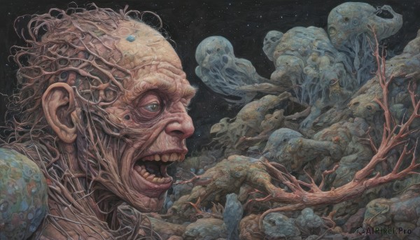 solo,open mouth,blue eyes,1boy,male focus,teeth,from side,no humans,profile,traditional media,star (sky),tentacles,science fiction,monster,realistic,space,planet,alien,surreal,spacesuit,jellyfish,green eyes,tree,giant,horror (theme)