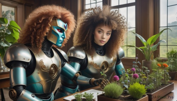 1girl,long hair,looking at viewer,multiple girls,brown hair,red eyes,2girls,brown eyes,flower,indoors,armor,lips,window,colored skin,plant,robot,science fiction,curly hair,nose,blue skin,potted plant,green skin,big hair,cyborg,vase,alien,dreadlocks,afro,dark skin,dark-skinned female,android,facepaint,animification,power armor