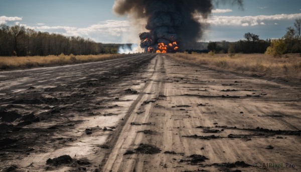 outdoors,sky,day,cloud,tree,blue sky,no humans,cloudy sky,fire,ground vehicle,nature,scenery,forest,smoke,road,explosion,burning,water,bird,motor vehicle