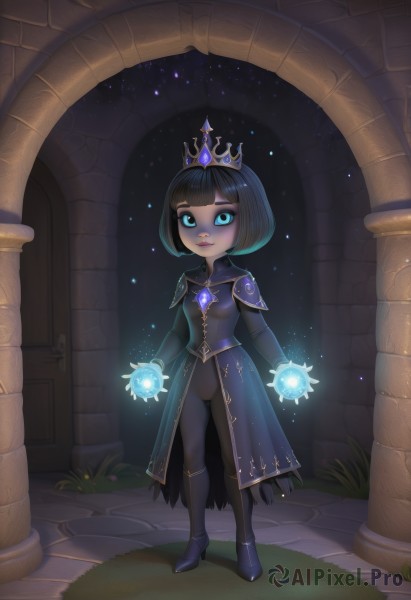 1girl,solo,breasts,looking at viewer,smile,short hair,bangs,blue eyes,black hair,long sleeves,dress,jewelry,closed mouth,standing,full body,small breasts,shoes,artist name,signature,blunt bangs,armor,high heels,makeup,glowing,bob cut,tiara,crown,shoulder armor,gem,colored sclera,black sclera,magic,multicolored hair,outdoors,gradient hair,capelet,colored skin,grass,grey skin,pillar