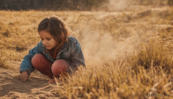 1girl,solo,long hair,brown hair,long sleeves,closed mouth,jacket,outdoors,barefoot,pants,blurry,night,depth of field,looking down,squatting,grass,denim,blue jacket,jeans,realistic,field,denim jacket,black hair,dark skin,dark-skinned female,wheat