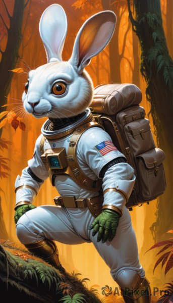 solo,looking at viewer,gloves,animal ears,brown eyes,standing,boots,outdoors,belt,bag,rabbit ears,tree,no humans,animal,leaf,brown footwear,backpack,nature,furry,1other,forest,rabbit,autumn leaves,autumn,green gloves,american flag,spacesuit,japanese flag,astronaut