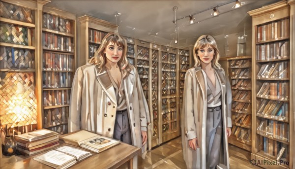 long hair,breasts,looking at viewer,smile,blue eyes,multiple girls,blonde hair,brown hair,shirt,long sleeves,2girls,cleavage,medium breasts,standing,parted lips,open clothes,belt,pants,indoors,medium hair,lips,coat,book,table,cat,bookshelf,lamp,candle,library,ceiling light,blush,brown eyes,looking up,grey pants,light bulb